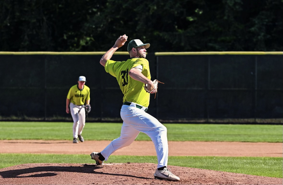 CJ Blowers throws from the Northwest Honkers against the Pacific International League champions, the Seattle Studs.